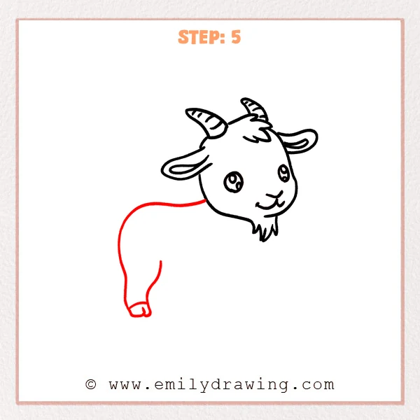 how to draw a cartoon goat - A cartoon goat sketch with horns and a head, now showing a rounded body outline and one back leg at the rear with a small split hoof.
